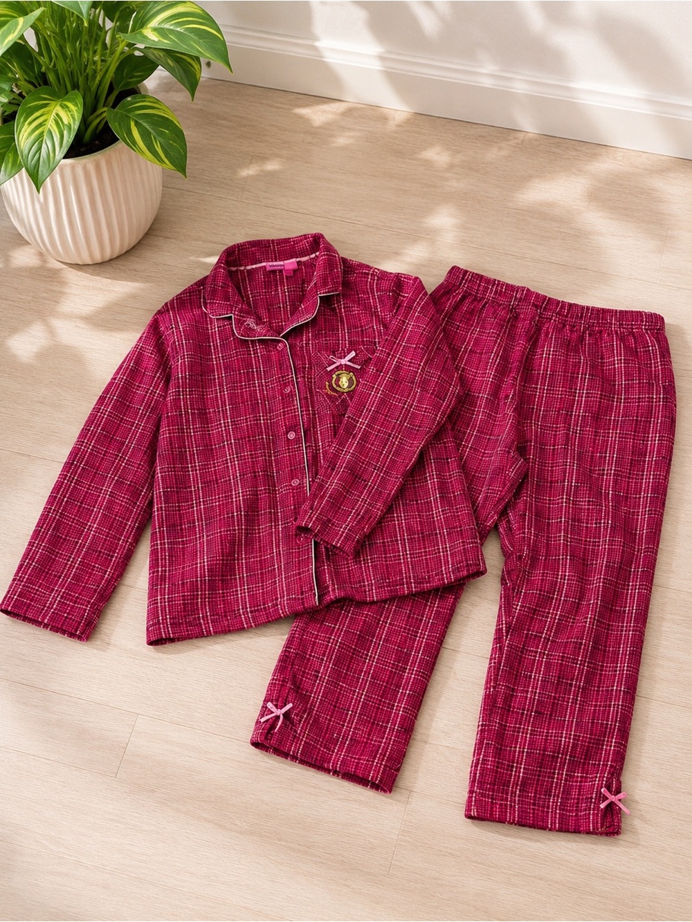 Vintage Disney Winnie the Pooh Flannel Pajama Set Hot Pink Plaid Size M-L Check‎